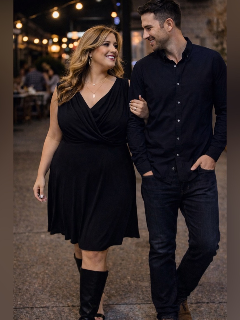 Plus-Size Black Wrap Front V-Neck Dress